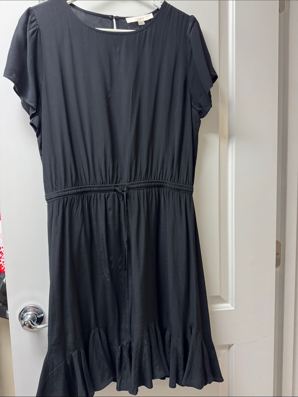 LOFT Black Drawstring Waist Ruffle-Hem Midi Dress